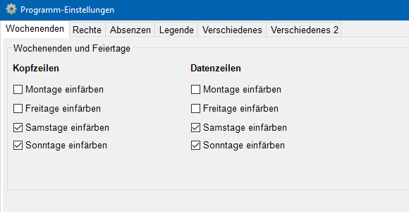 Einstellung welche Wochentage als frei markiert werden